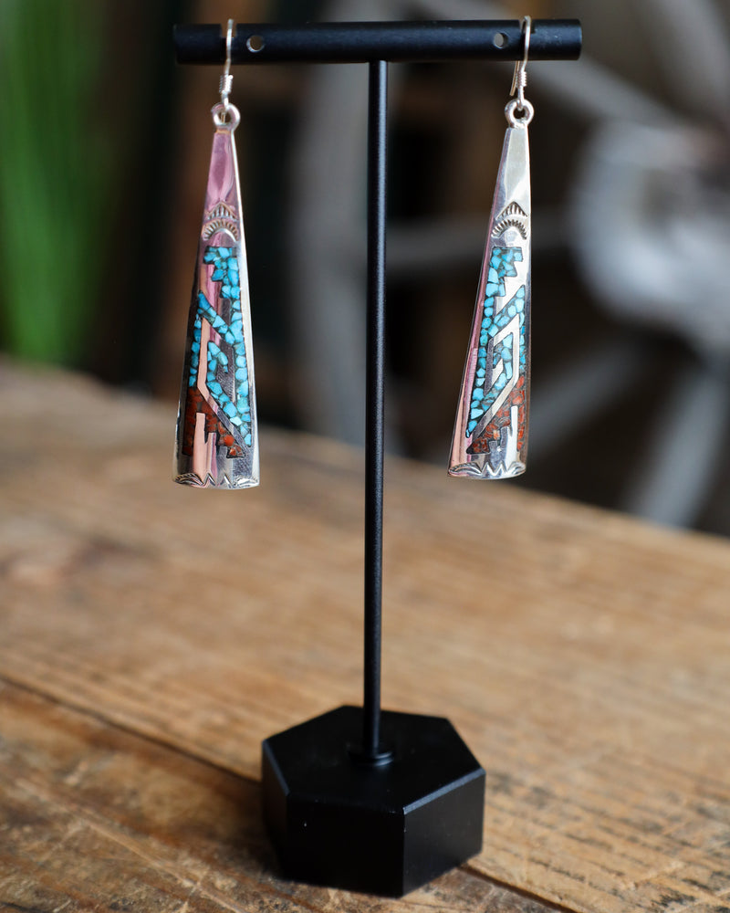 Long Sterling Silver Turquoise and Coral Mosaic Earring