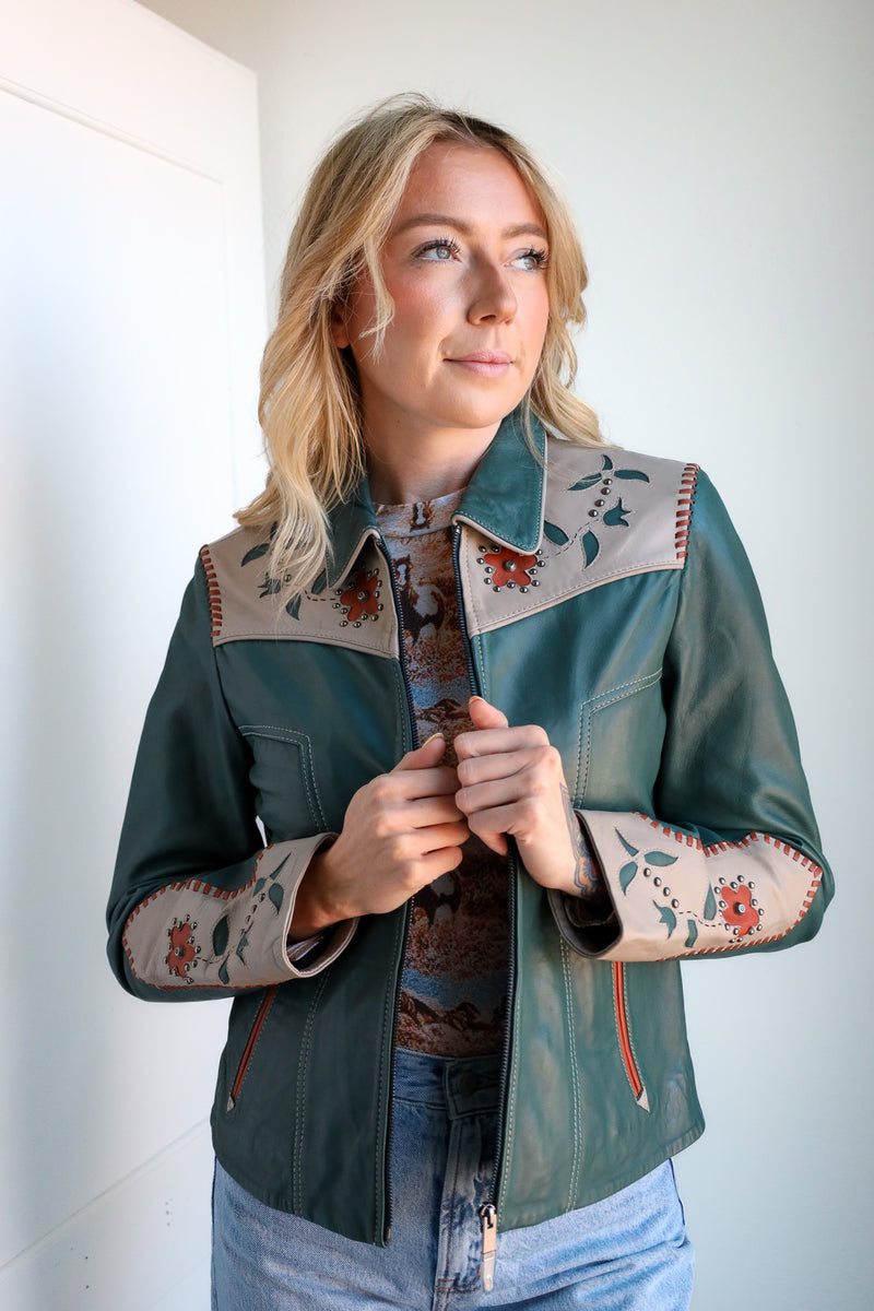 Scully Teal Leather Floral Jacket 