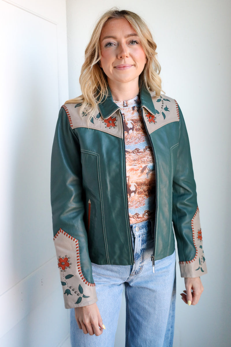 Scully Teal Leather Floral Jacket 
