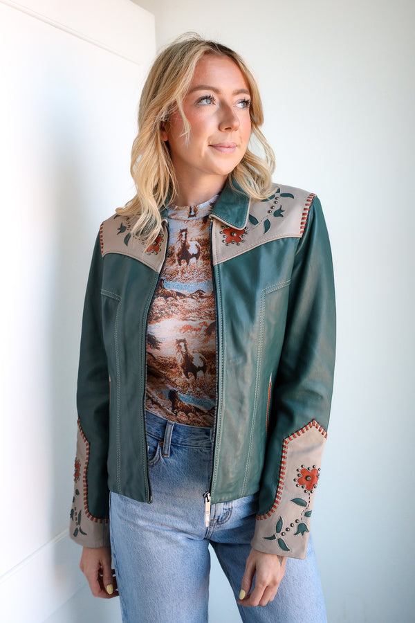 Scully Teal Leather Floral Jacket 