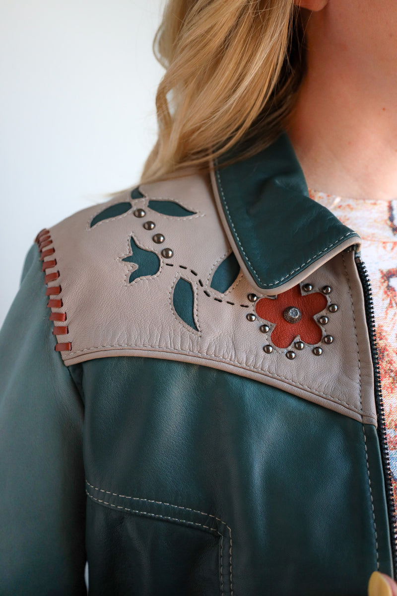 Scully Teal Leather Floral Jacket 