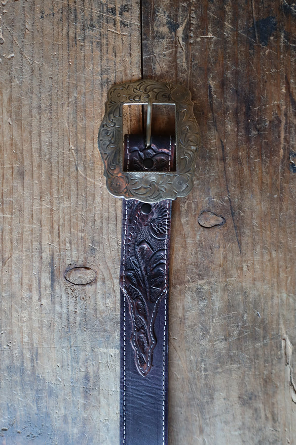 CONTINENTAL LEATHER TOOLED BILLETS SILVER BUCKLE BELT