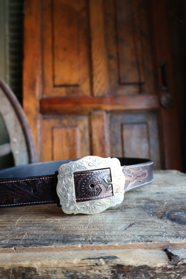 CONTINENTAL LEATHER TOOLED BILLETS SILVER BUCKLE BELT