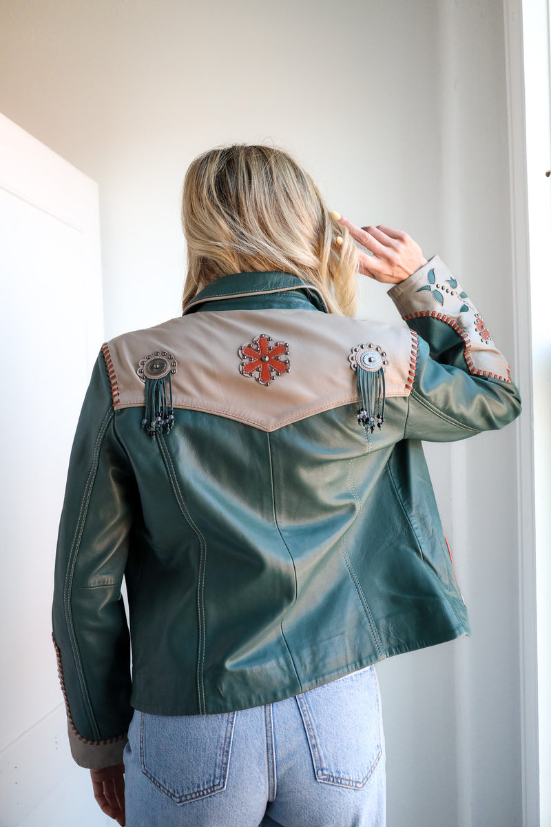Scully Teal Leather Floral Jacket 