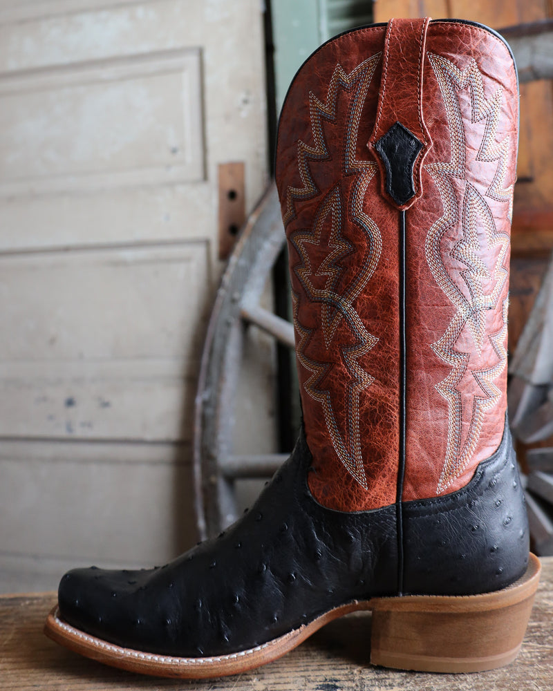 Tony Lama Men's Arena Rylen Black Full Quill Ostrich Cognac Top Boot