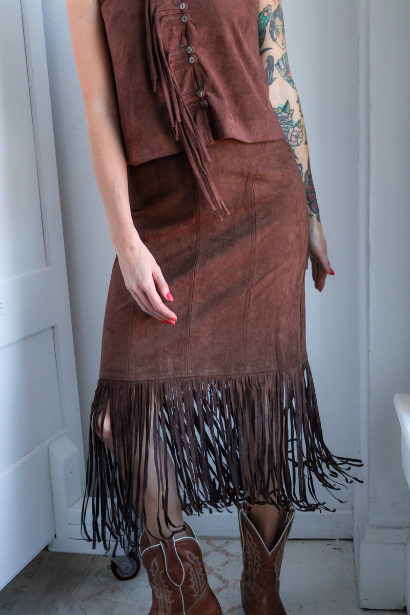 Ciebon Harbor Suede Fringe Midi Skirt 