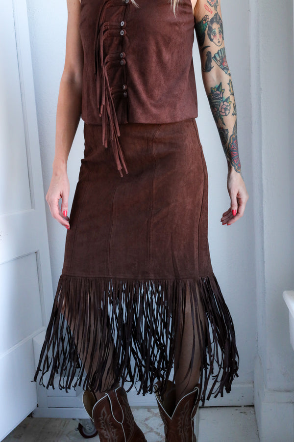 Ciebon Harbor Suede Fringe Midi Skirt 