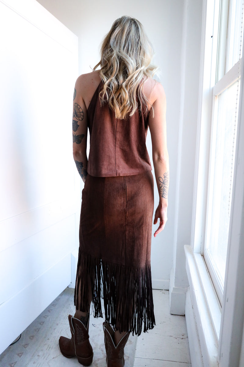 Ciebon Harbor Suede Fringe Midi Skirt 