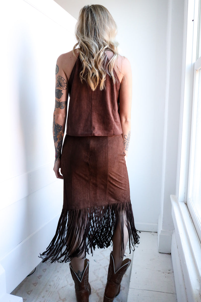 Ciebon Harbor Suede Fringe Midi Skirt 