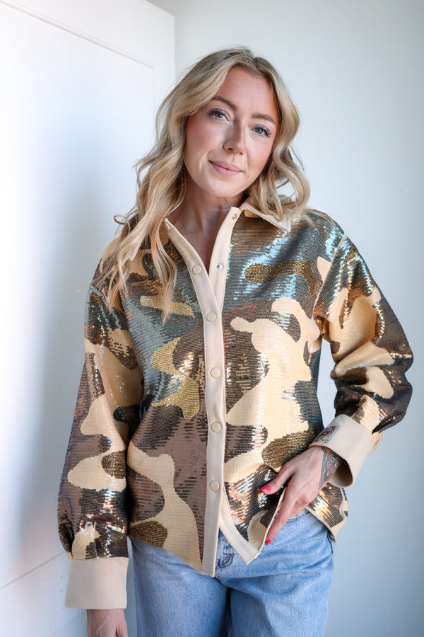 Queen Of Sparkles Full Of Sequin Camo Shacket 
