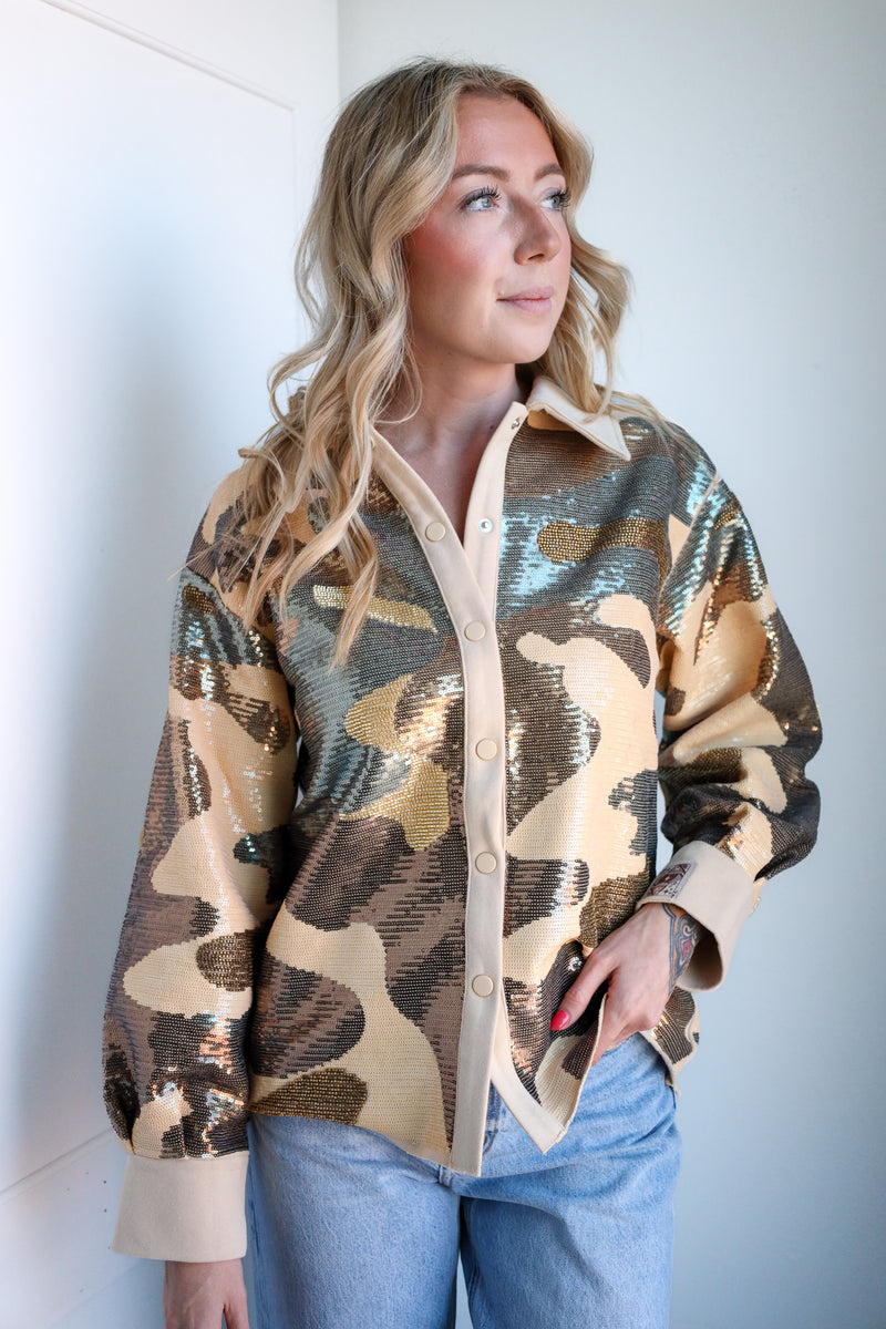 Queen Of Sparkles Full Of Sequin Camo Shacket 