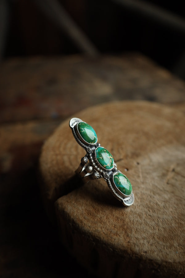 3 Green and Beige Turquoise Stack Ring- Size 7