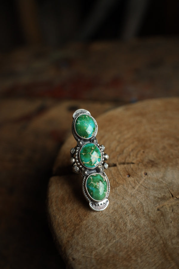 3 Green and Beige Turquoise Stack Ring- Size 7