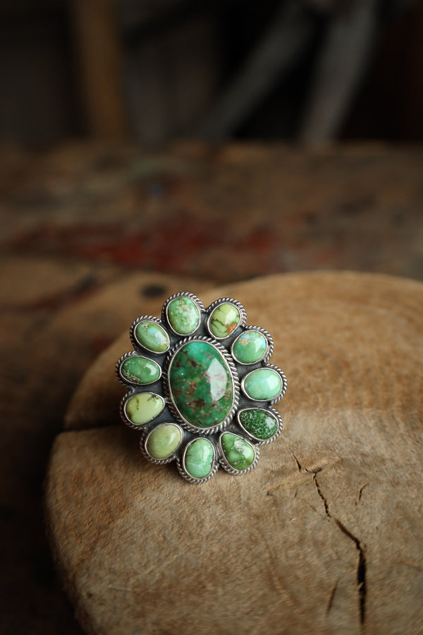 Green Turquoise Ovals Flower Ring- Size 8