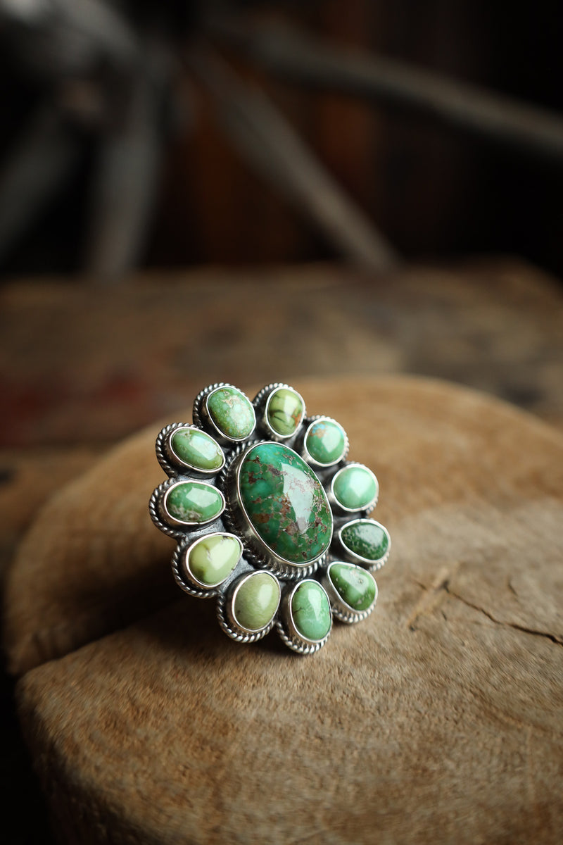 Green Turquoise Ovals Flower Ring- Size 8