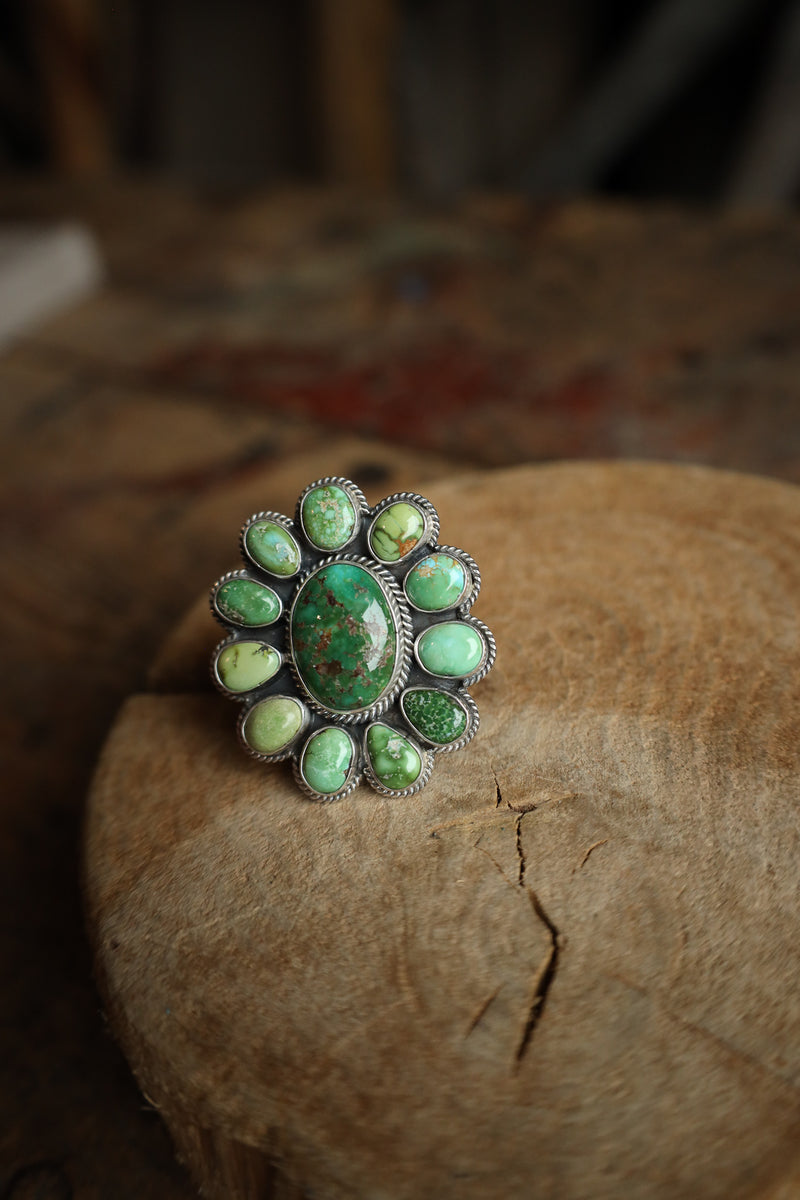 Green Turquoise Ovals Flower Ring- Size 8