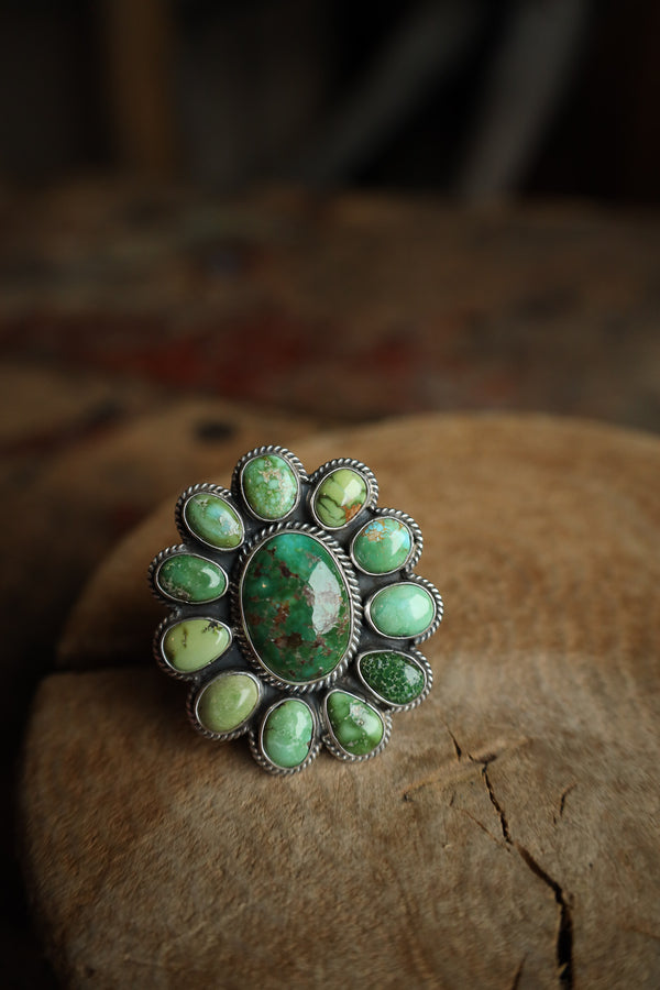 Green Turquoise Ovals Flower Ring- Size 8