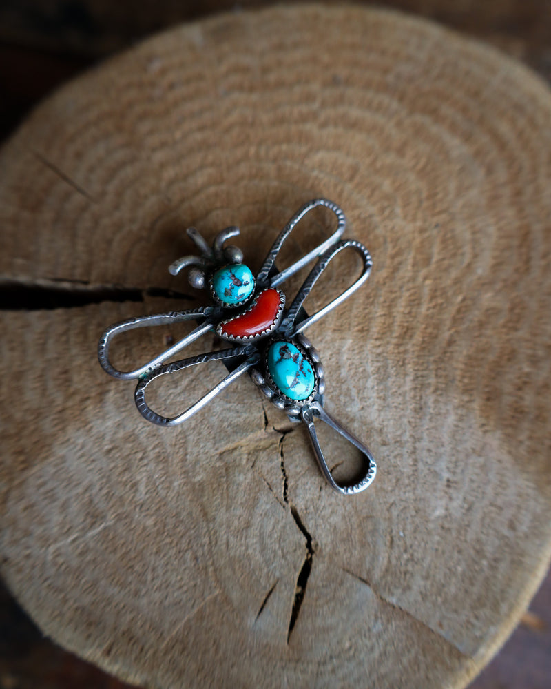 VINTAGE DRAGONFLY TURQUOISE AND CORAL PENDANT