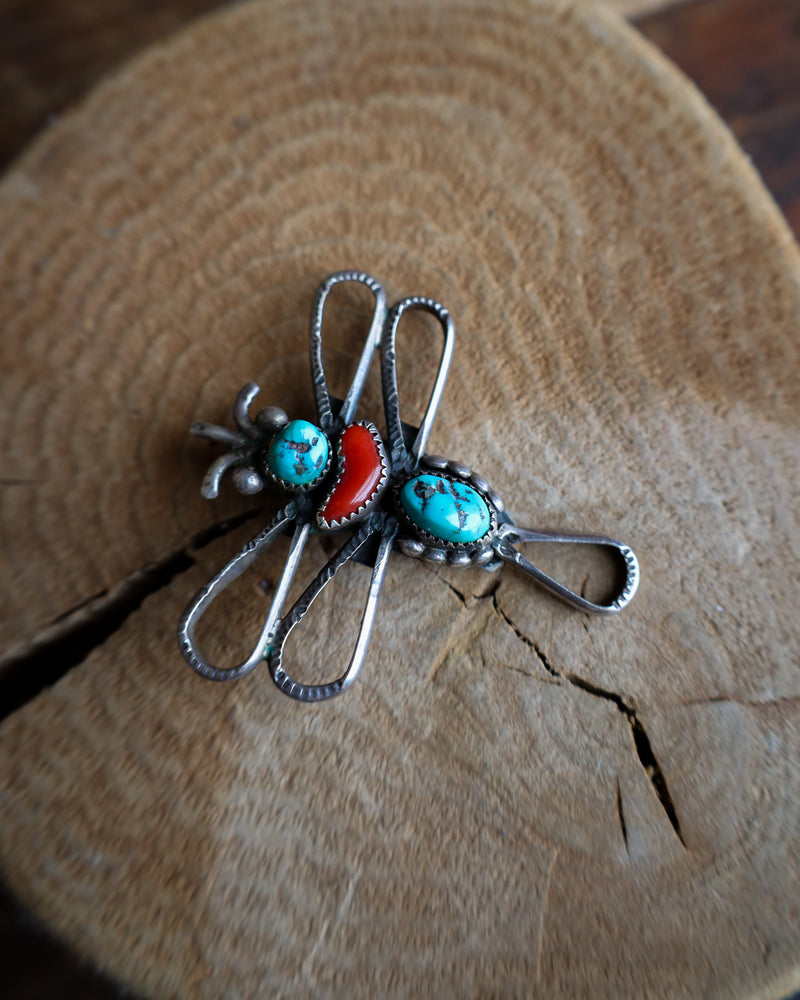 VINTAGE DRAGONFLY TURQUOISE AND CORAL PENDANT