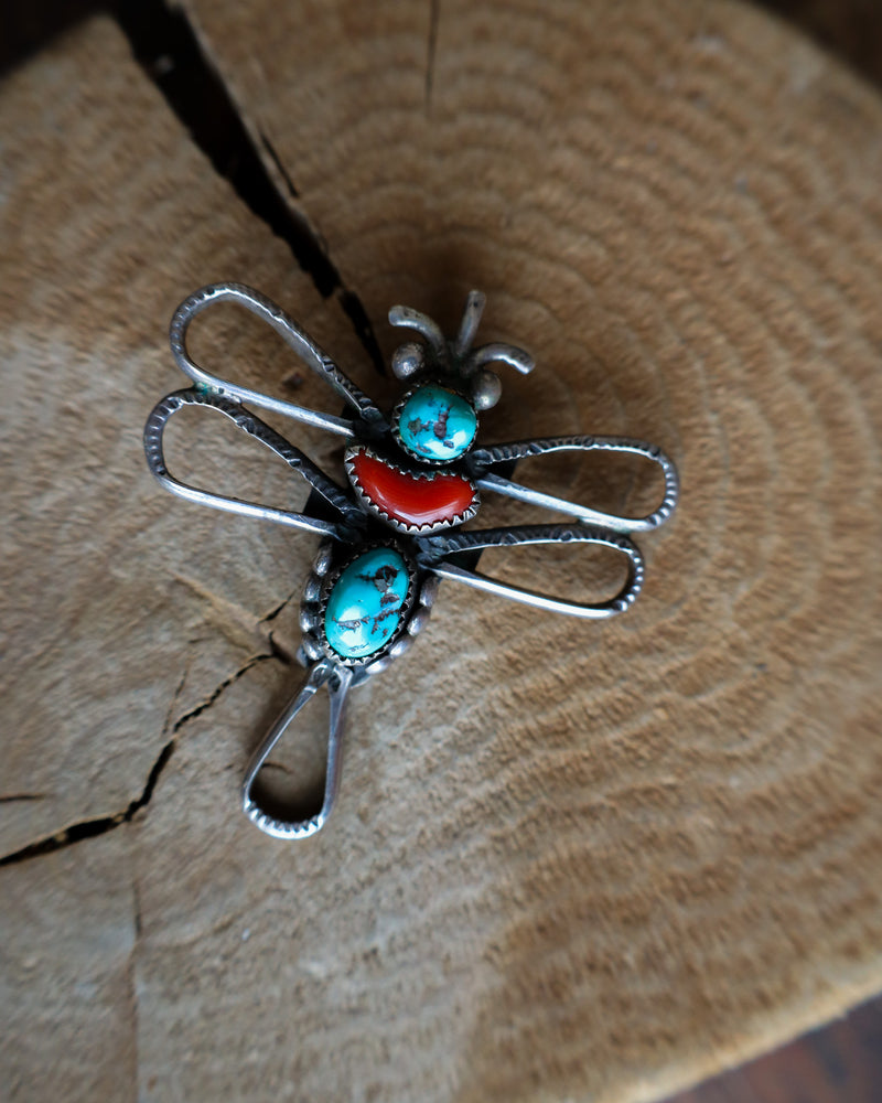 VINTAGE DRAGONFLY TURQUOISE AND CORAL PENDANT