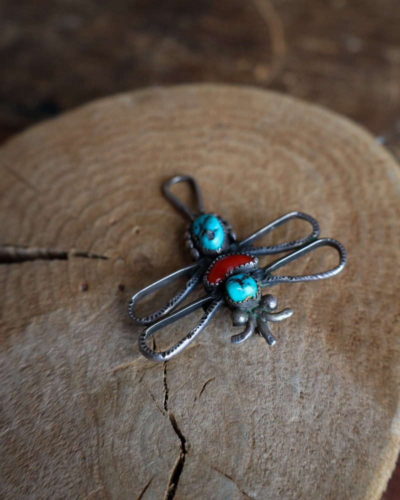 VINTAGE DRAGONFLY TURQUOISE AND CORAL PENDANT