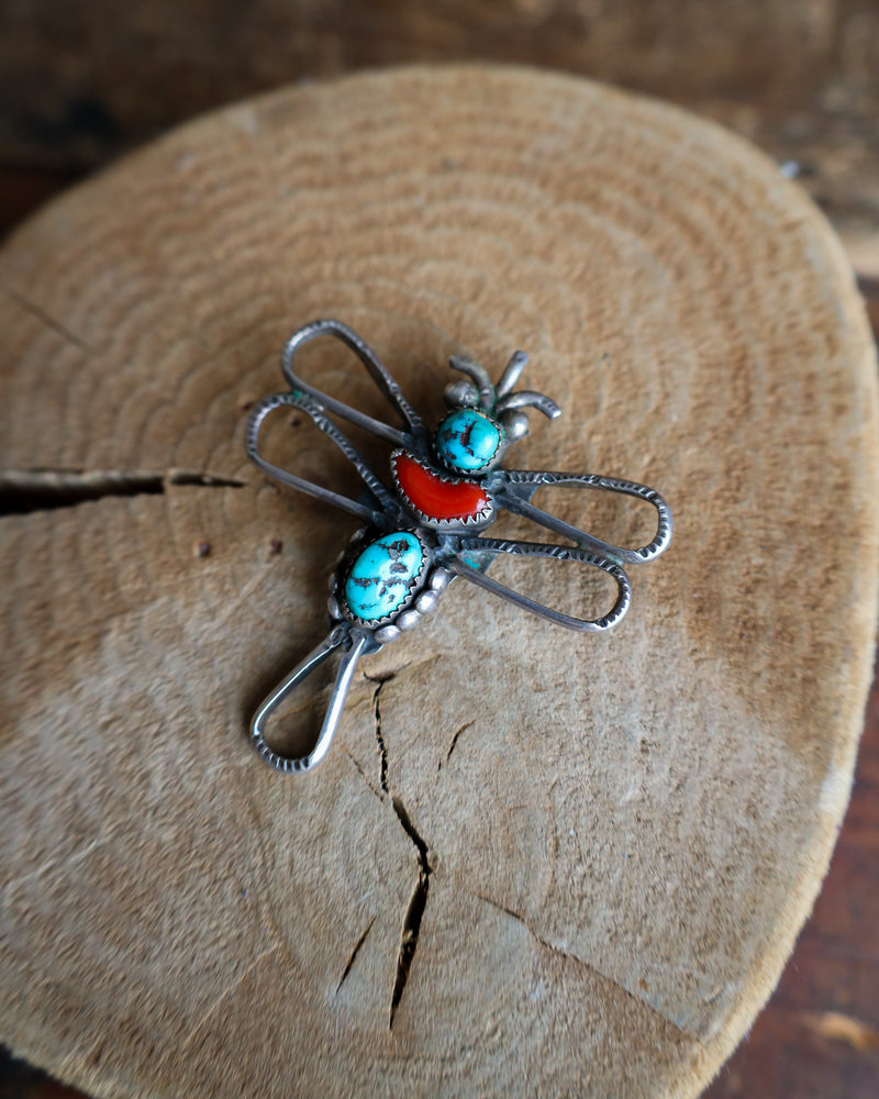 VINTAGE DRAGONFLY TURQUOISE AND CORAL PENDANT