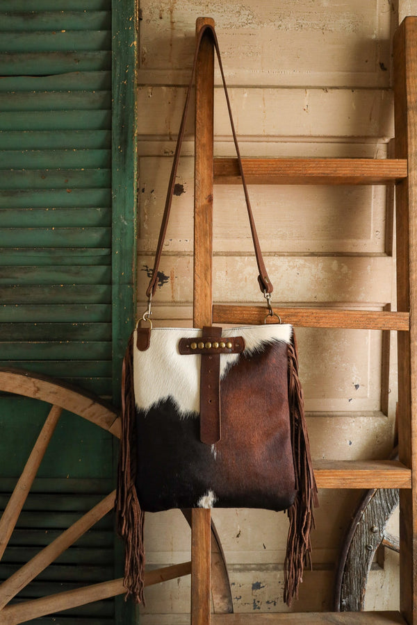 Two Bar West Brown With Hair On Hide Kansas Fringe Handbag 