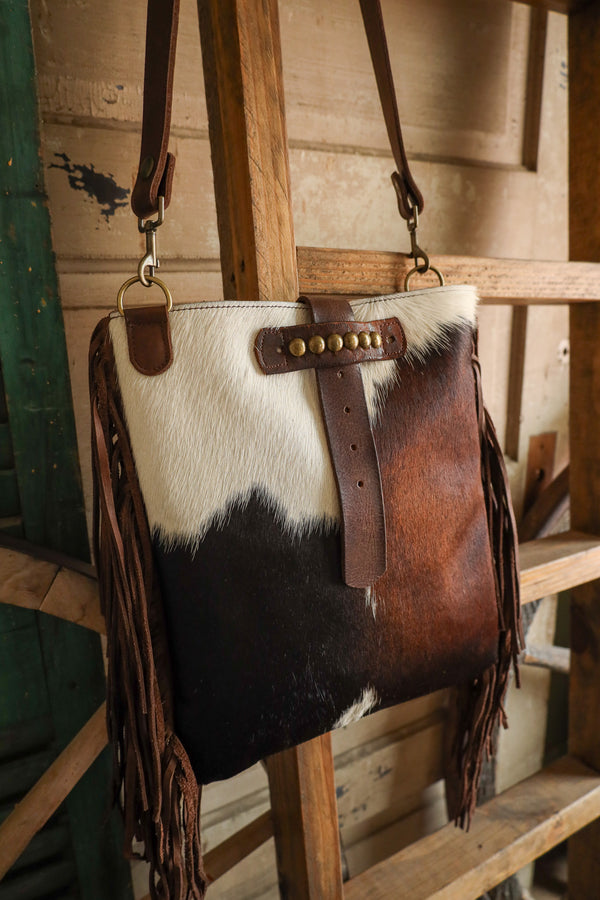 Two Bar West Brown With Hair On Hide Kansas Fringe Handbag 