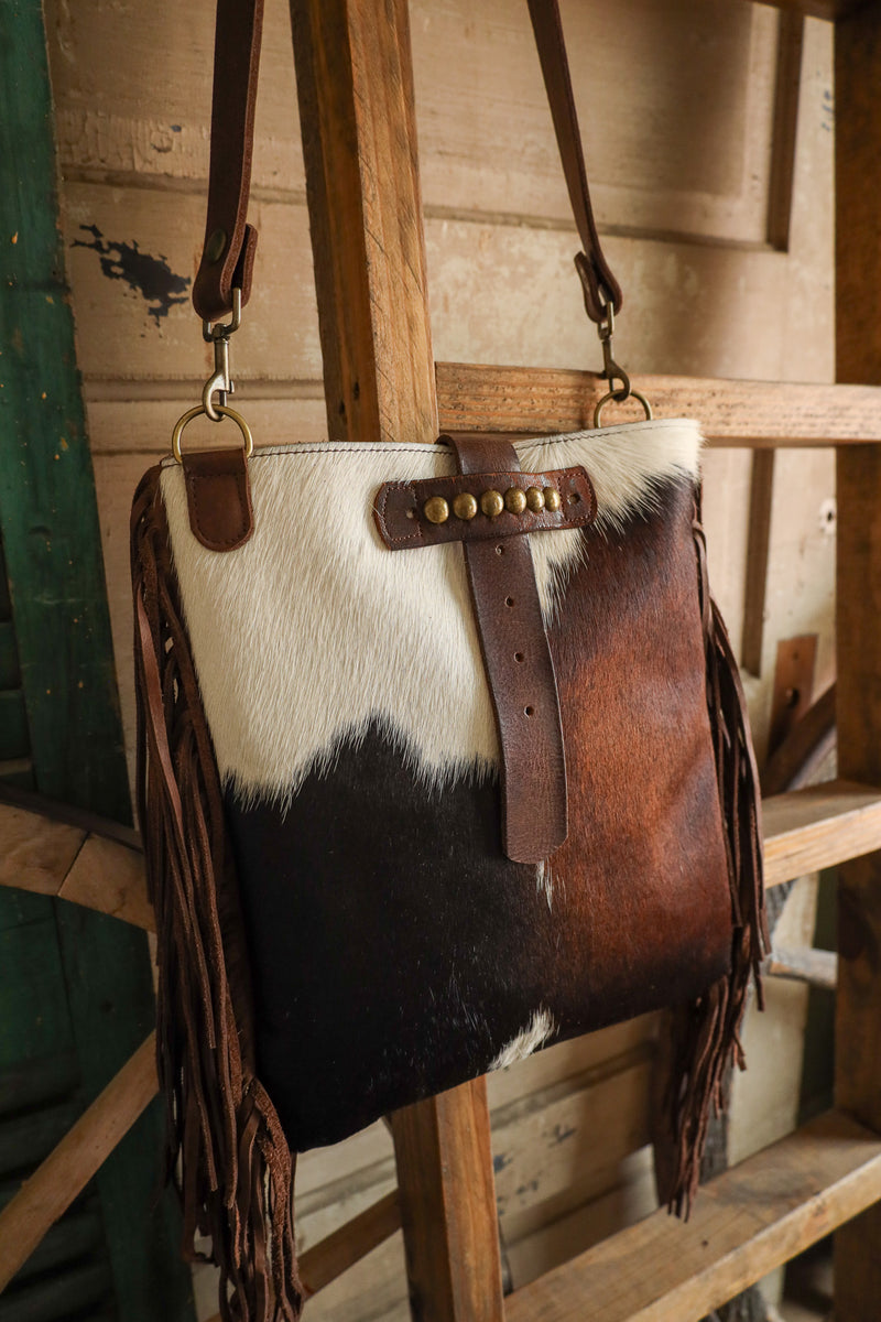 Two Bar West Brown With Hair On Hide Kansas Fringe Handbag 
