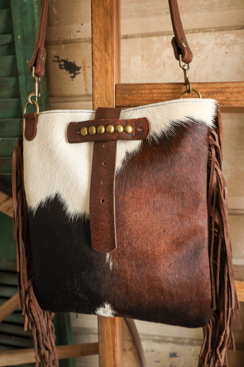 Two Bar West Brown With Hair On Hide Kansas Fringe Handbag 