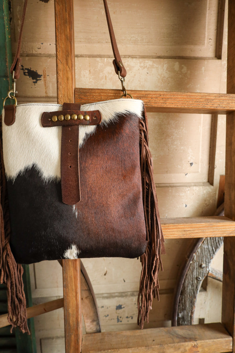 Two Bar West Brown With Hair On Hide Kansas Fringe Handbag 