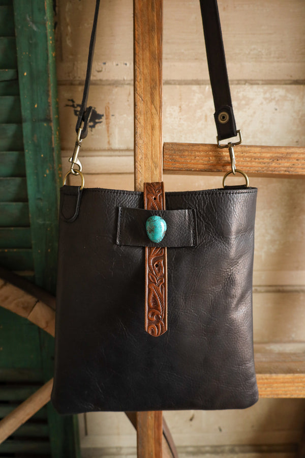 Two Bar West Black Small Kansas With Turquoise Stones Handbag 