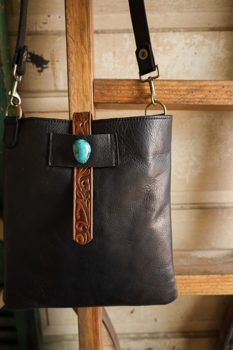 Two Bar West Black Small Kansas With Turquoise Stones Handbag 