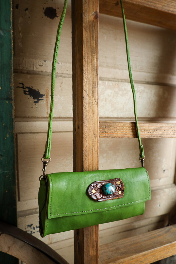 Two Bar West Green Small With Turquoise Stone Clutch 