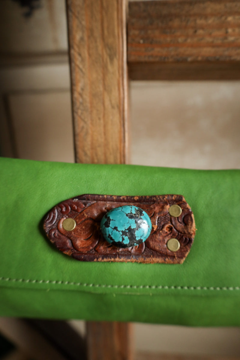 Two Bar West Green Small With Turquoise Stone Clutch 