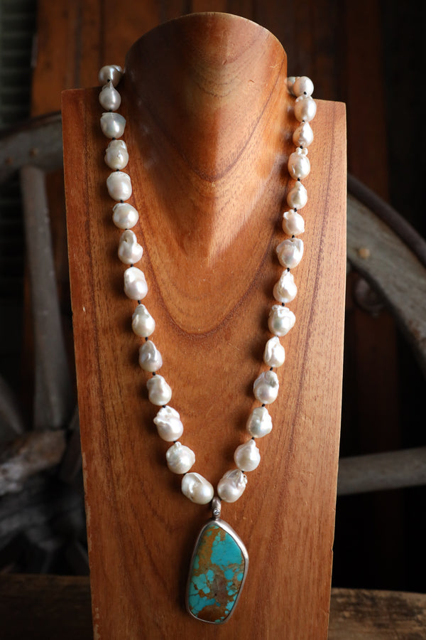 Love Tokens Baroques Pearl 90 CT Royston Turquoise Diamond Necklace