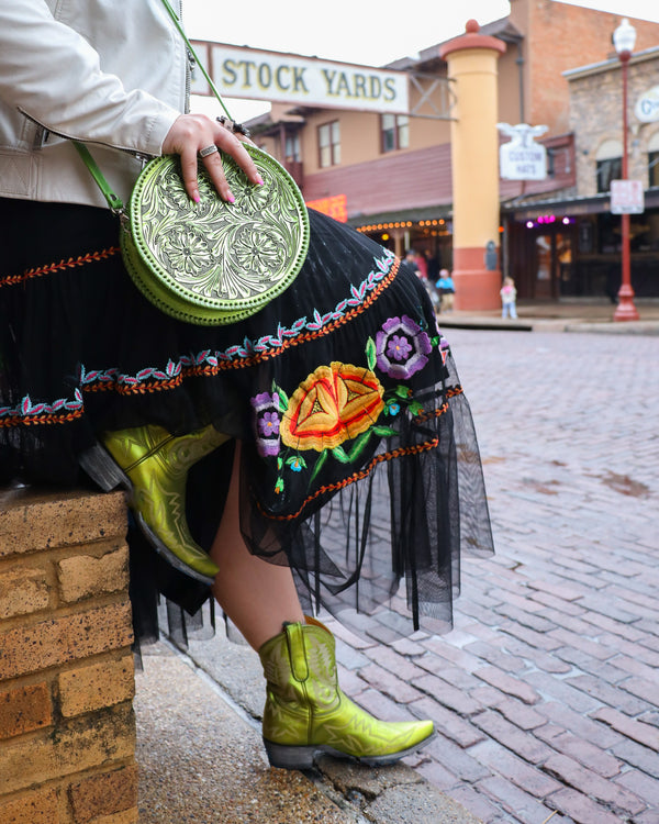 OLD GRINGO WOMEN'S NEVADA LIME GREEN BOOT, worn with Mexican embroidered skirt