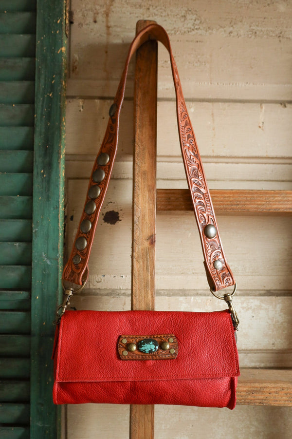 Two Bar West Red With Turquoise Vintage Belt Strap Clutch