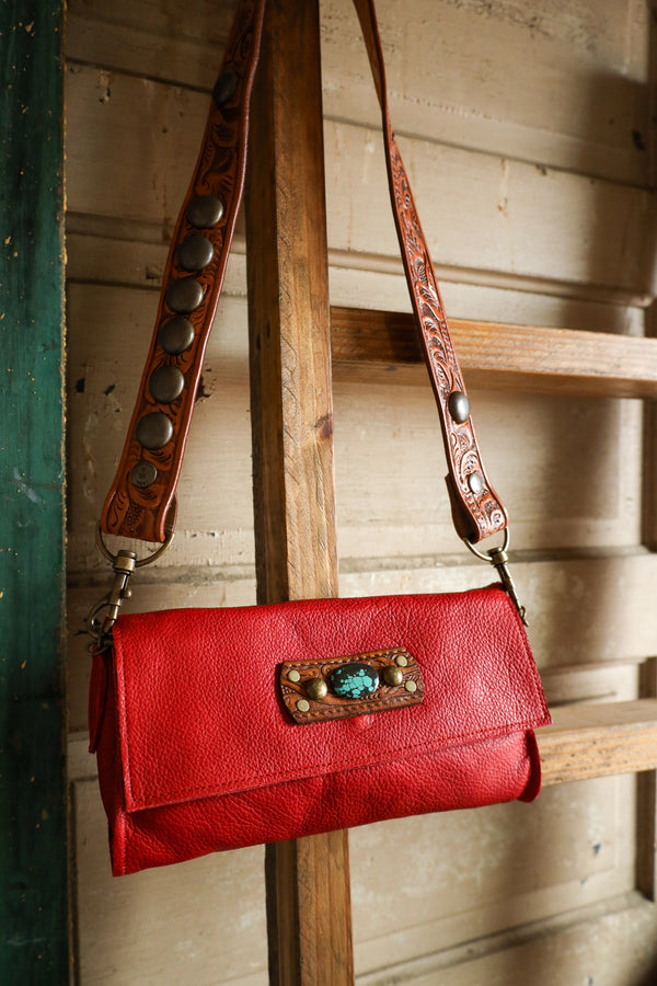 Two Bar West Red With Turquoise Vintage Belt Strap Clutch