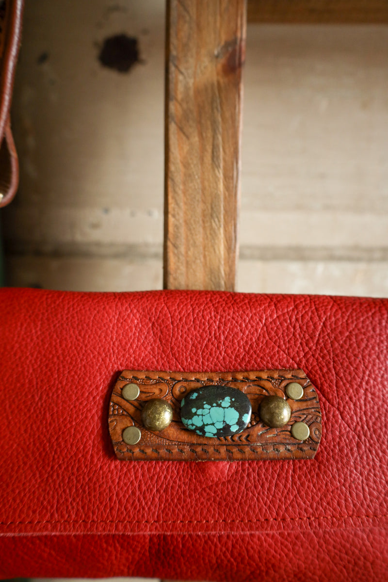 Two Bar West Red With Turquoise Vintage Belt Strap Clutch
