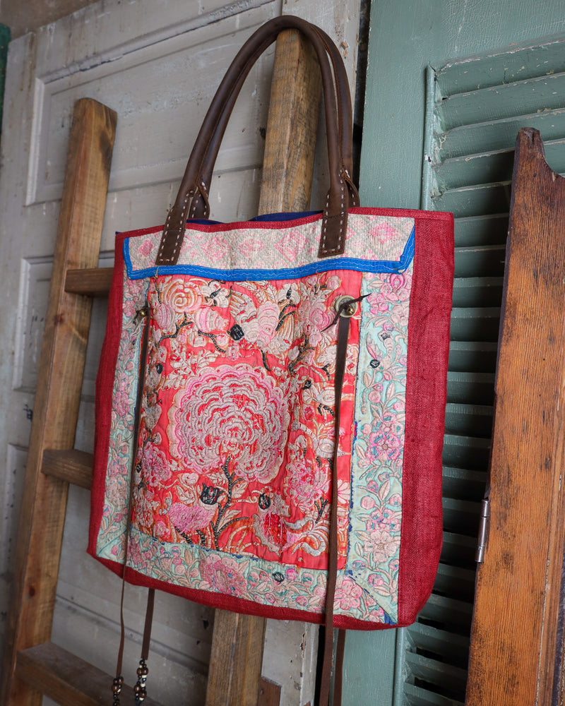 PRANEE BAGS RASPBERRY WITH PINK TAPESTRY COTTON TOTE