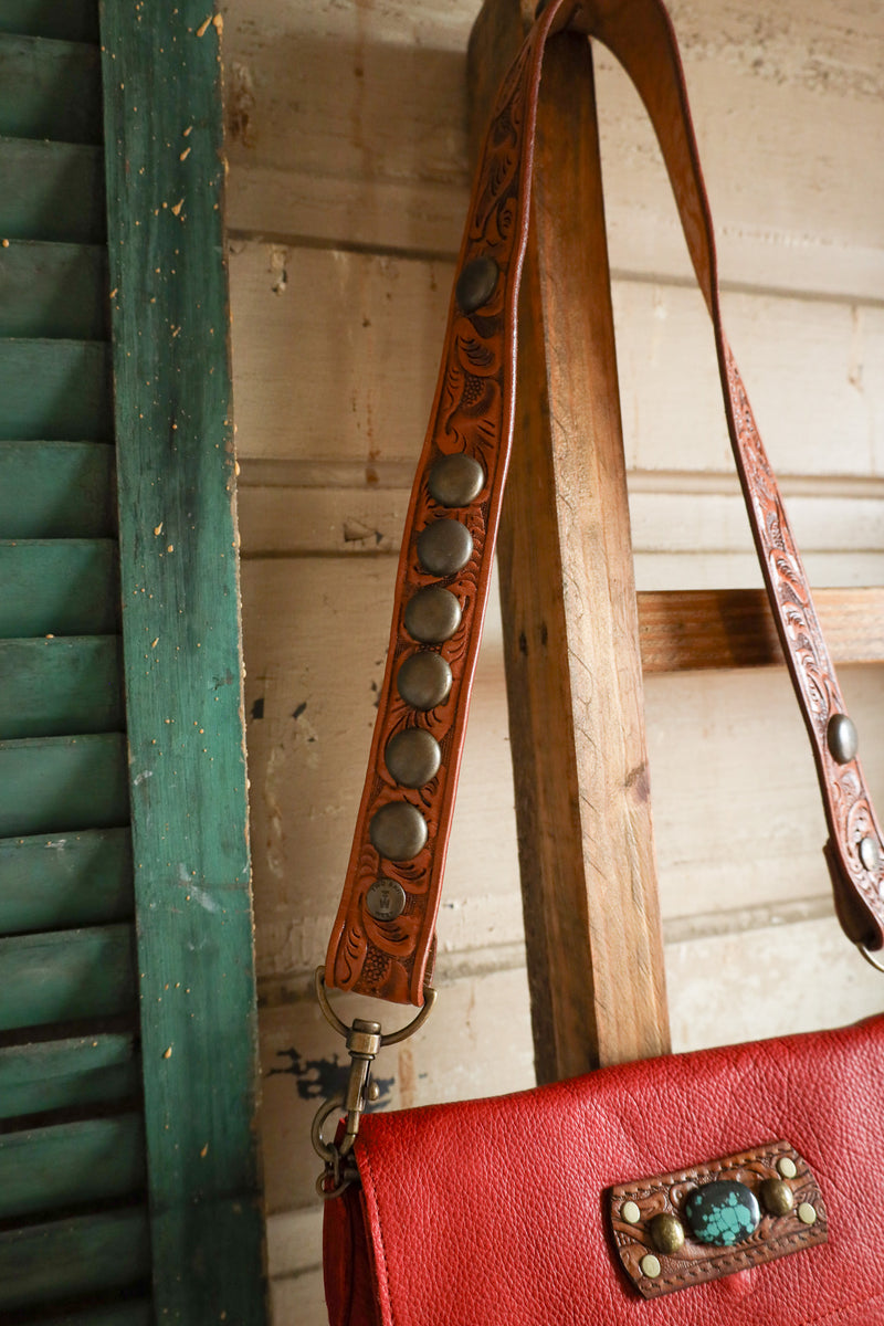 Two Bar West Red With Turquoise Vintage Belt Strap Clutch