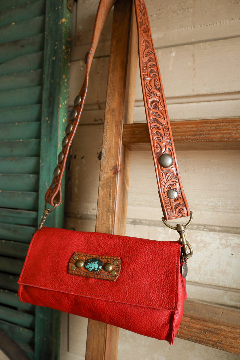 Two Bar West Red With Turquoise Vintage Belt Strap Clutch