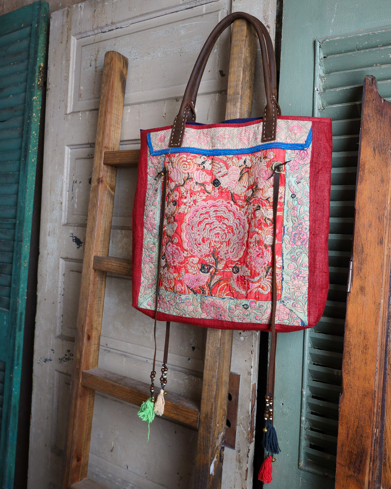 PRANEE BAGS RASPBERRY WITH PINK TAPESTRY COTTON TOTE