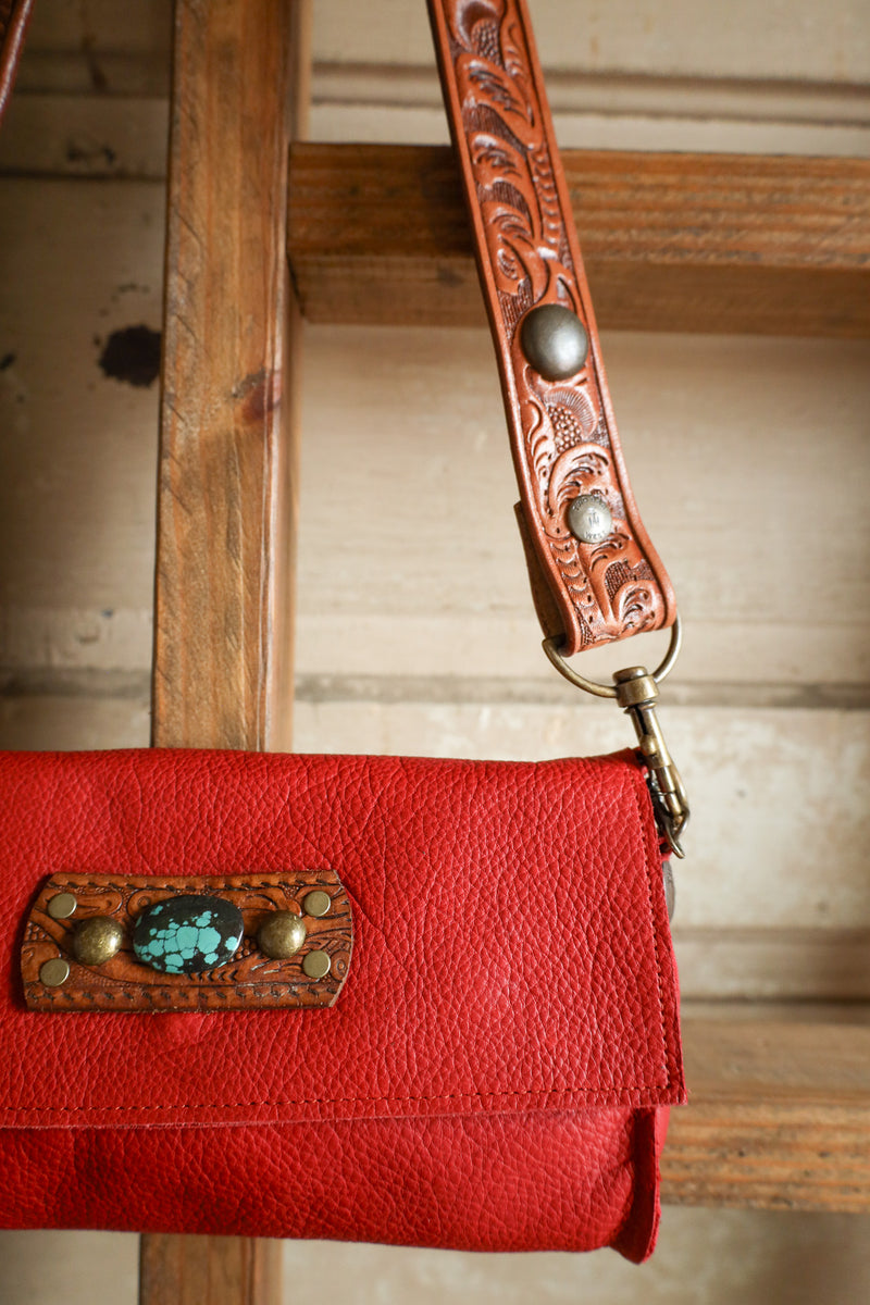 Two Bar West Red With Turquoise Vintage Belt Strap Clutch