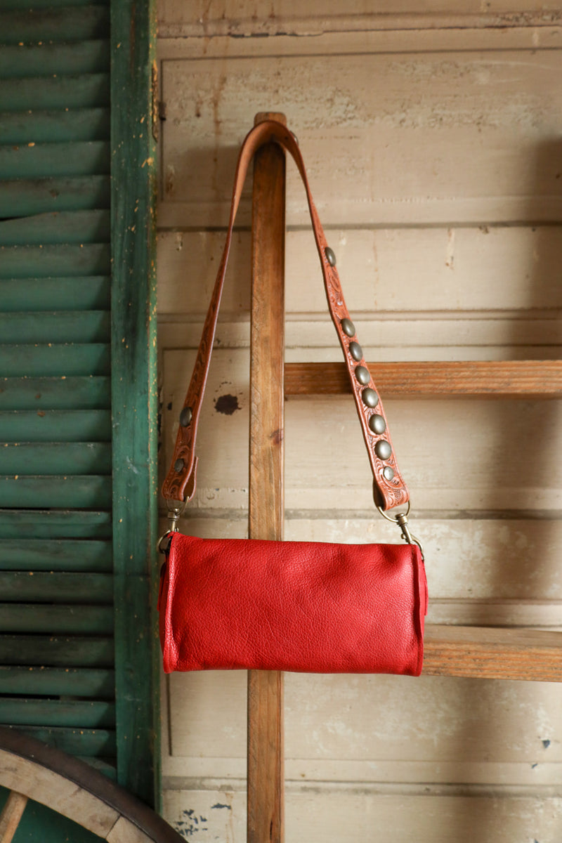 Two Bar West Red With Turquoise Vintage Belt Strap Clutch