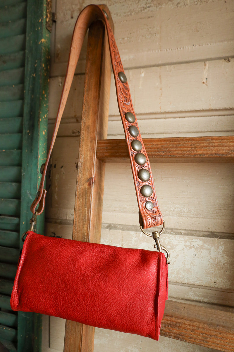 Two Bar West Red With Turquoise Vintage Belt Strap Clutch