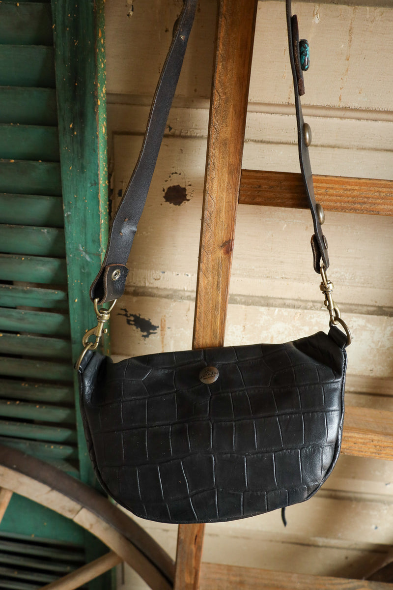 Two Bar West Black Croc Medium Zip With Strap Crossbody 