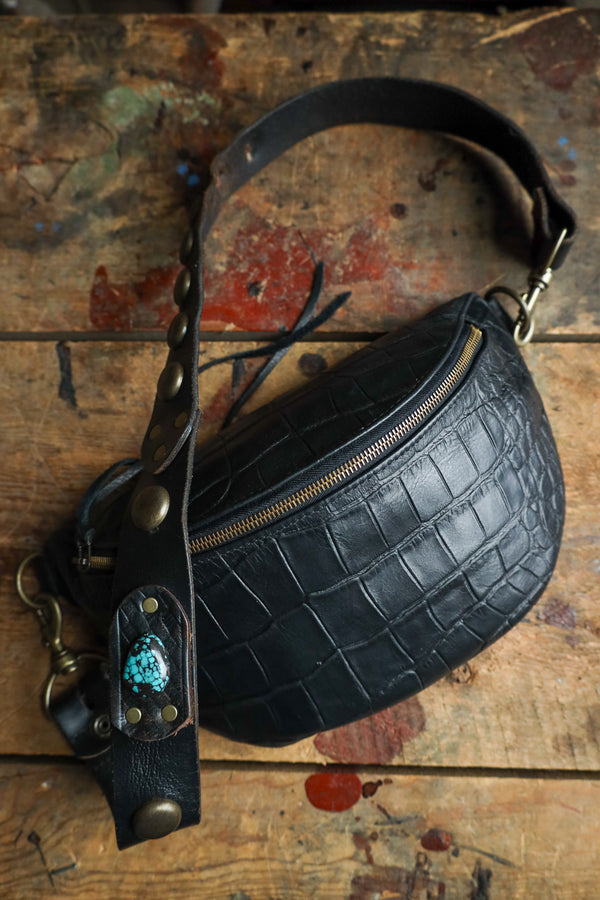 Two Bar West Black Croc Medium Zip With Strap Crossbody 