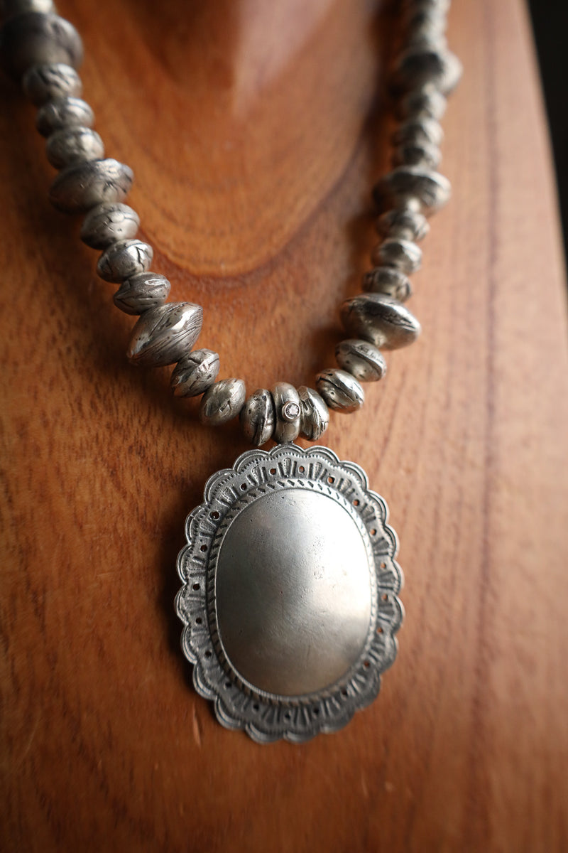 Love Tokens Sterling Silver Beads Oval Concho Diamond Necklace